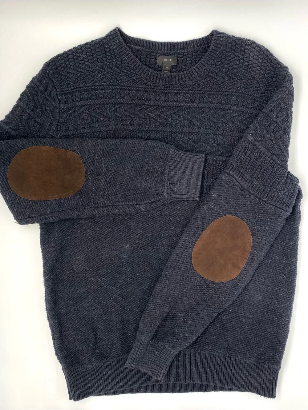 J. Crew Charcoal Gray Cable-Knit Crewneck Sweater w/ Brown Elbow Patches - M